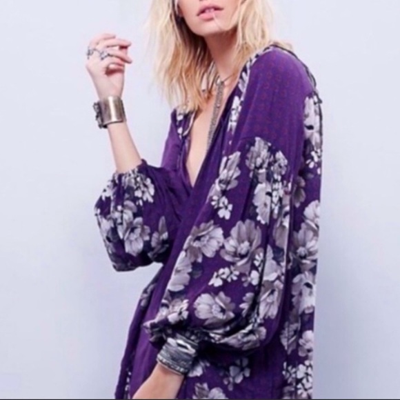 Free People Pants - FREE PEOPLE Size SP Women's Romper Balloon Sleeve Tie Neck Purple w/ Floral